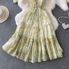 Summer Women Print Sleeveless Long Midi Oversize Loose Holiday Seaside Lace-up Dresses