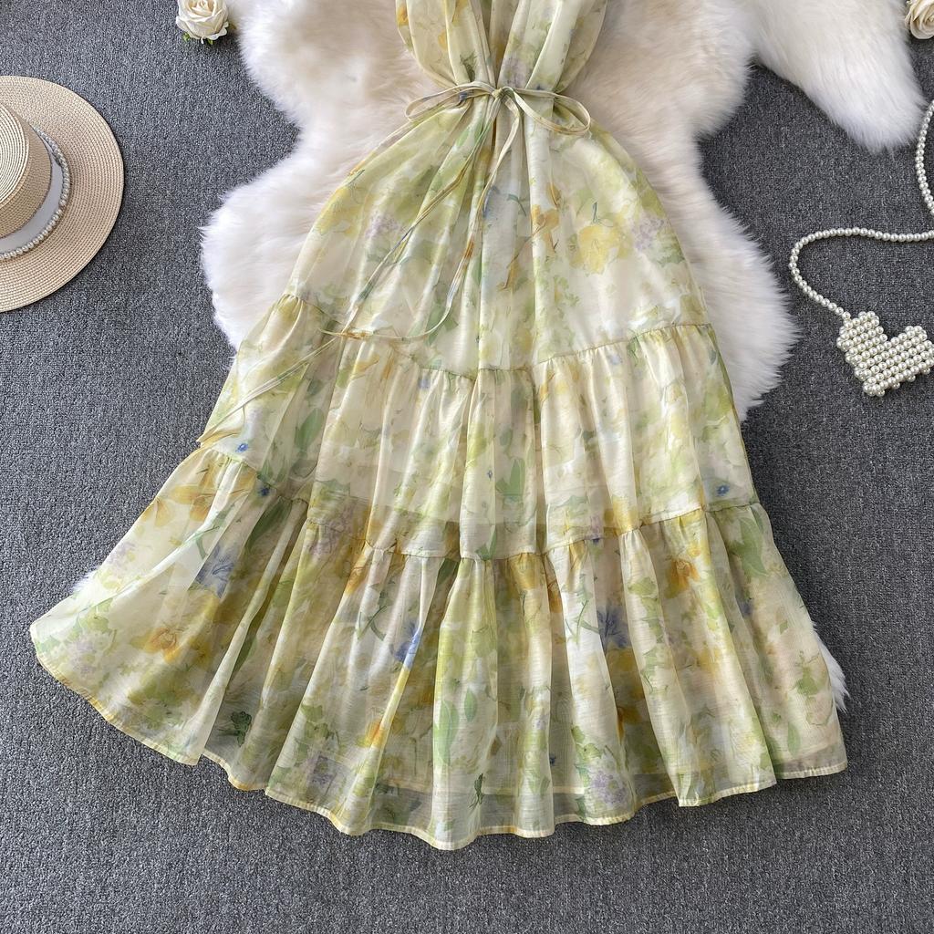 Summer Women Print Sleeveless Long Midi Oversize Loose Holiday Seaside Lace-up Dresses
