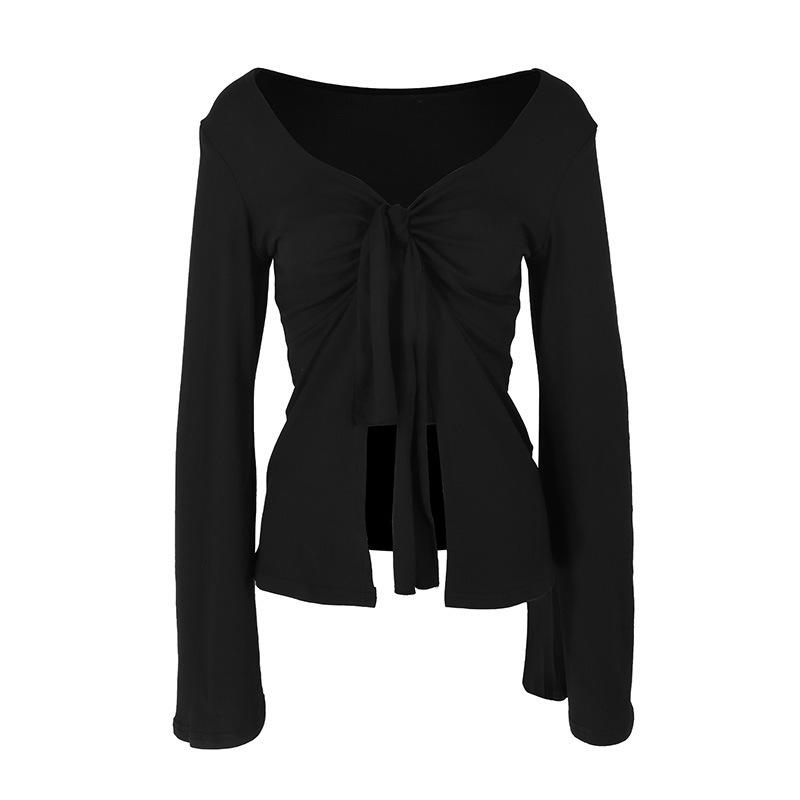 

Европейский и американский женский осенний кроп-топ с рукавами-колокольчиками и перекрутом Small чёрный