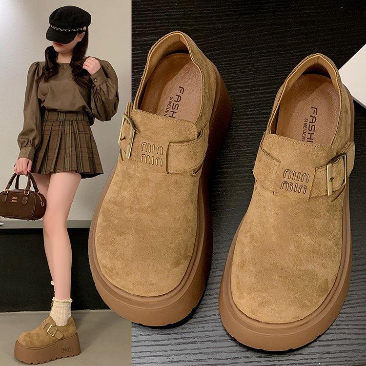 Suede muffin thick-soled Boken shoes for women's 2025 early spring new models, small people increase in height, round head and one pedal, loafers.