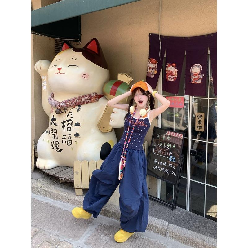 

Vintage navy blue pleated paratrooper overalls men s and women s summer drape lazy wind loose scimitar wide-leg pants 2XL тёмно-синий