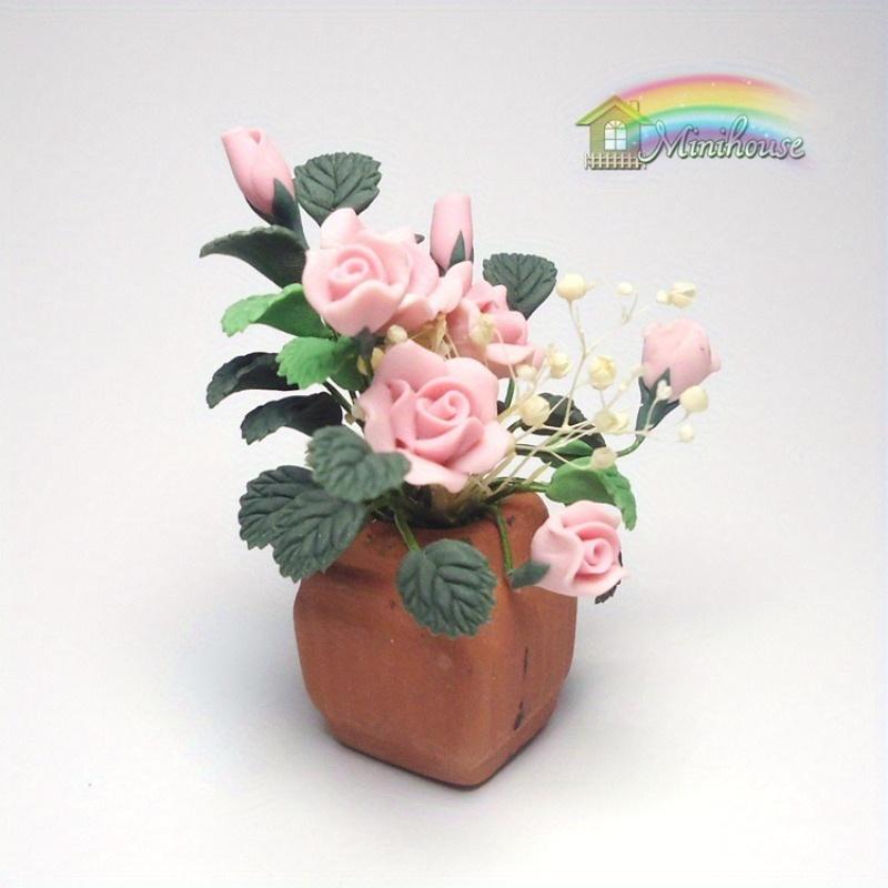 1/12 Mini Clay Rose Potted Plant Miniature Simulation Flower Accessories Model for House Decoration Micro Landscape