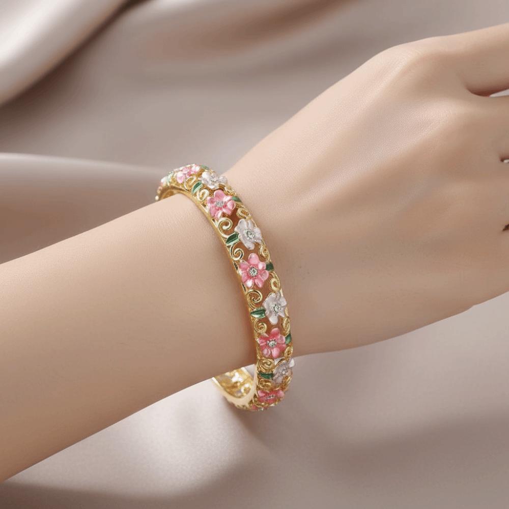 Enamel Flower Crystal Bangle Rhinestone Women's Hand Bracelet Vintage Cloisonne Bangle  Ladies
