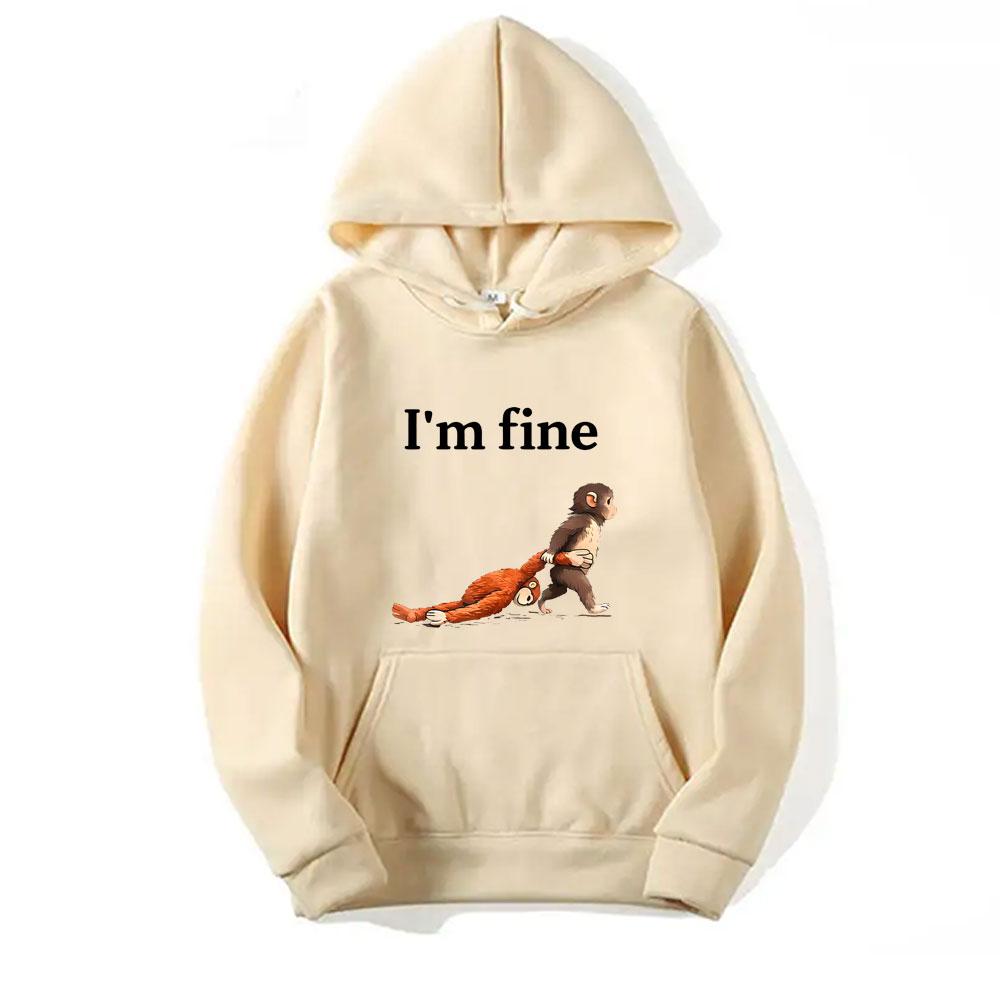 Monkey I'm Fine Funny Meme Graphic Printed Women Hoodie Casual Daily Long Sleeve with Pocket Loose Pullover Women Vintage Hoodie