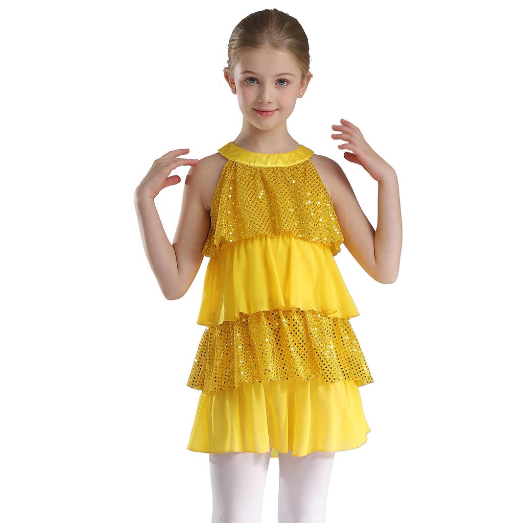 Gestuftes Rüschen-Mädchen-Tanzkleid Glänzende Pailletten Patchwork A-Linie Ärmellos Aufführungskostüm
