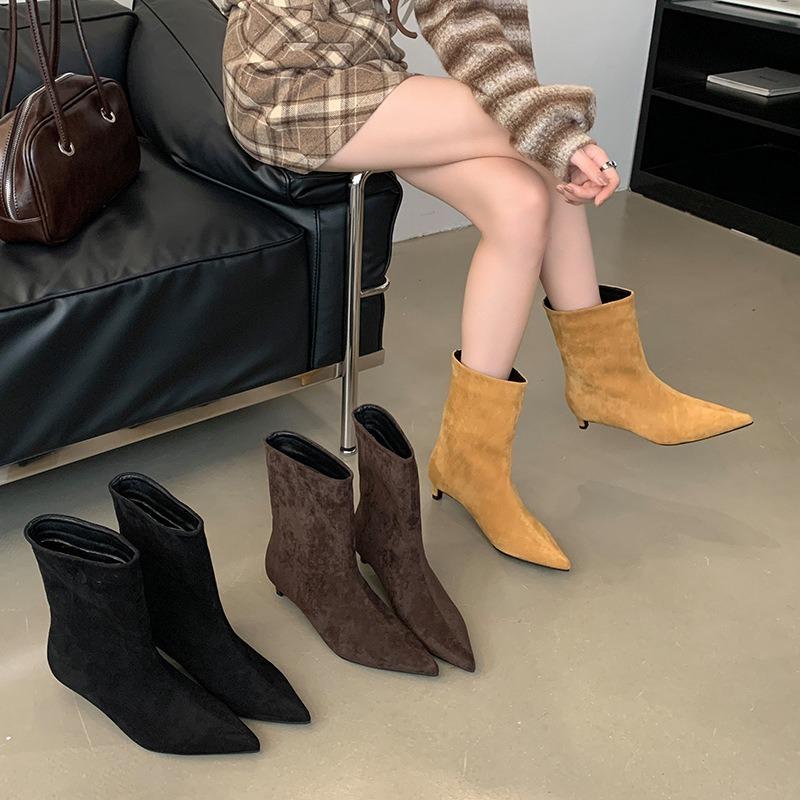 Women's Fashion Pointed Toe Ankle Boots Retro Concise Thin Heels Low Heels Flock  Short Boots Solid Color Size 35-42 Women Shoes