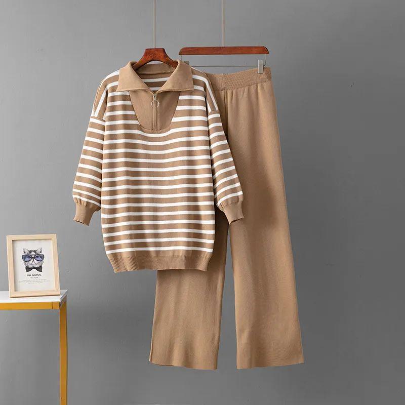 Polo Collar Striped sweater Set Women Autumn and Winter Foreign Trade Loose European and American Fashion Leisure Knit two piece Temu