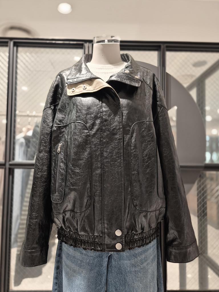 Color-Block High Neck Leather Jacket D254PSG261