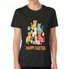Frohe Ostern Katze Damen Baumwoll-T-Shirt, Premium Baumwolle Grafik, Langlebig, Lässige Mode. Osterhase Katze und Küken mit Eiern Design, Perfektes Geschenk Id