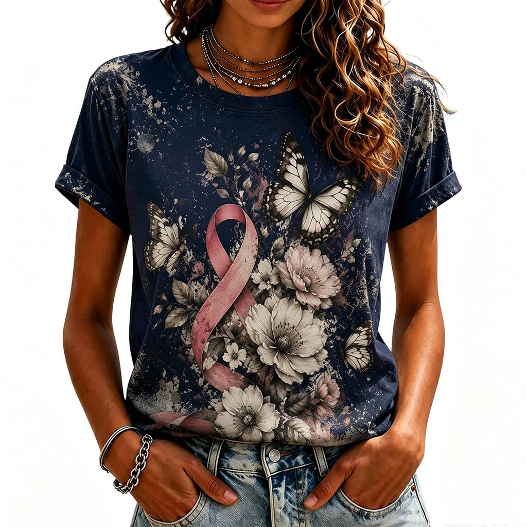 Women's Fashion Casual Short Sleeve Round Neck T-Shirt with Breast Print