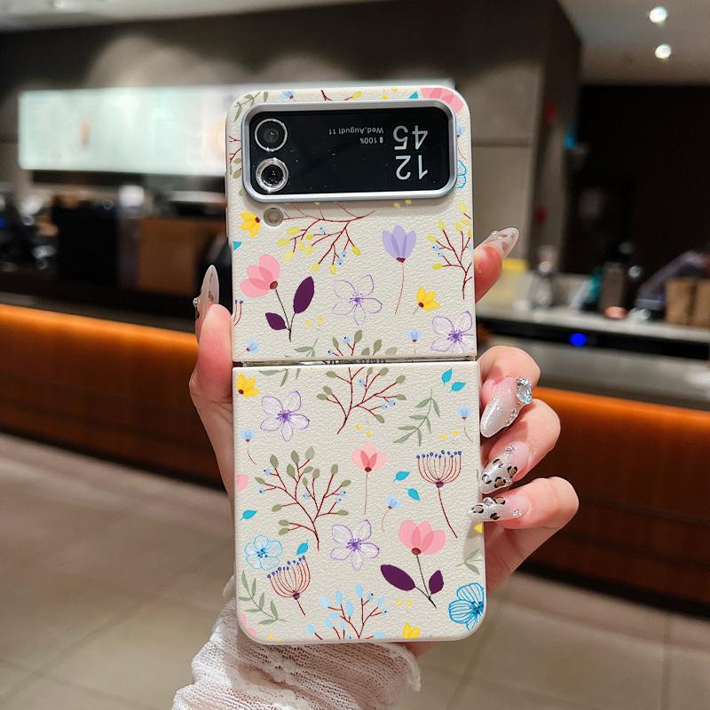 Flowers Pattern Luxury Leather Phone Case For Samsung Galaxy Z Flip 6 5 4 3 5G Shockproof Folding Soft Cover For Samsung Z Flip4