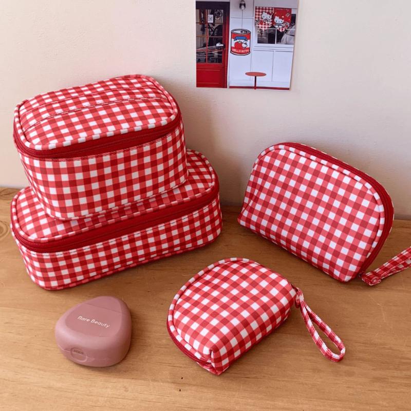 Large Capacity Makeup Bag Women's Red Checkered Portable Travel Grooming Bag Cosmetics Handbag Multi Zone Layered Toiletry Bag Storage Bags