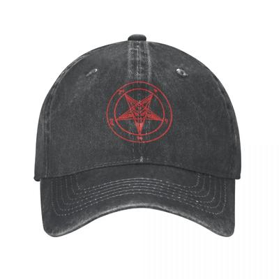 Rote Baphomet Baseballkappen Distressed Denim Sonnenkappe Hellfire Club Pentagramm Church Of Satan Aktivitäten Verstellbare Passform Kappen Hut