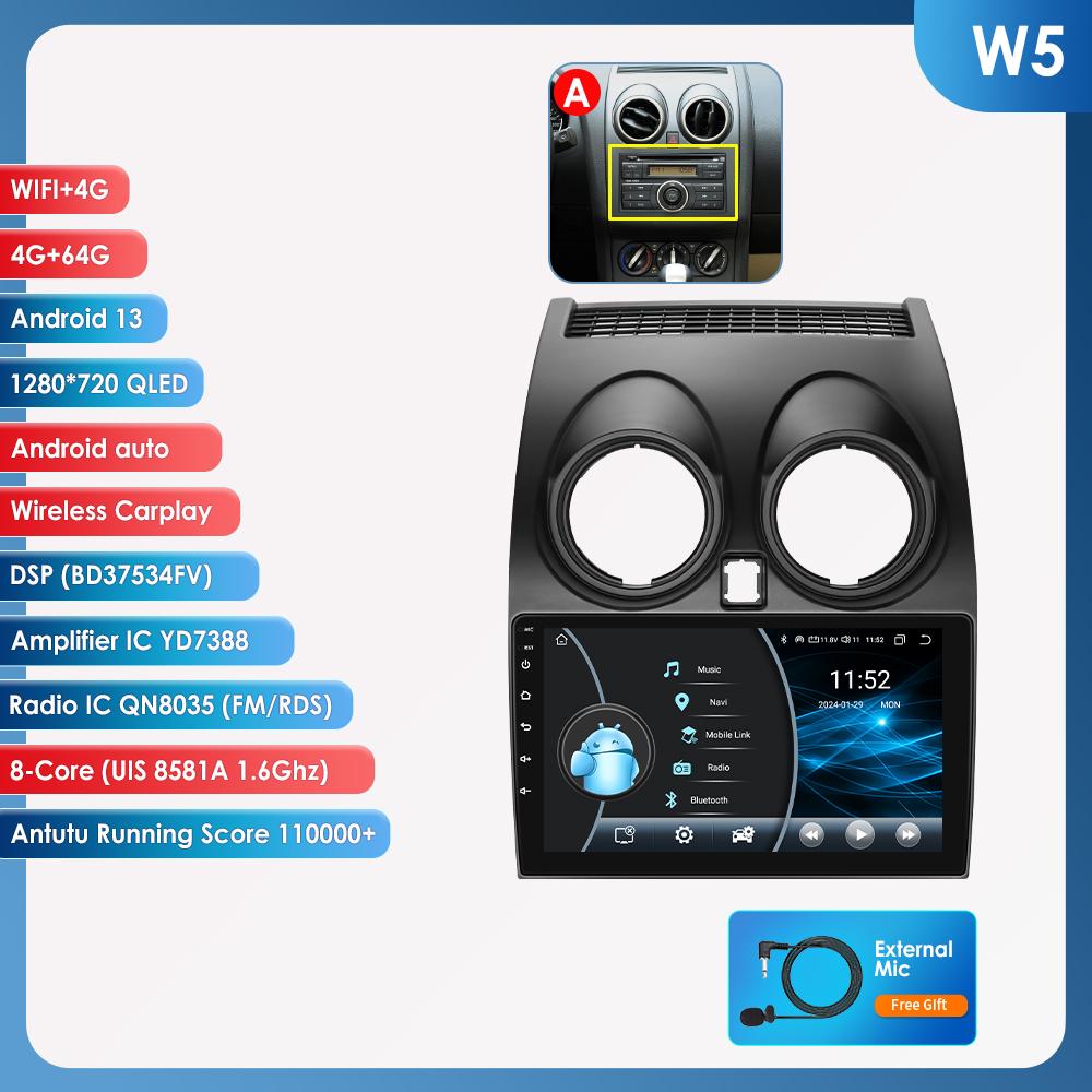 

Ossuret 8G+128G AI Voice Car Radio Android Auto Multimedia для Nissan Qashqai J10 2006 2007 2008-2013 Carplay 4G NET 2Din GPS Intelligent Autoradio W5 NO-Canbus 8Core 4G 64G