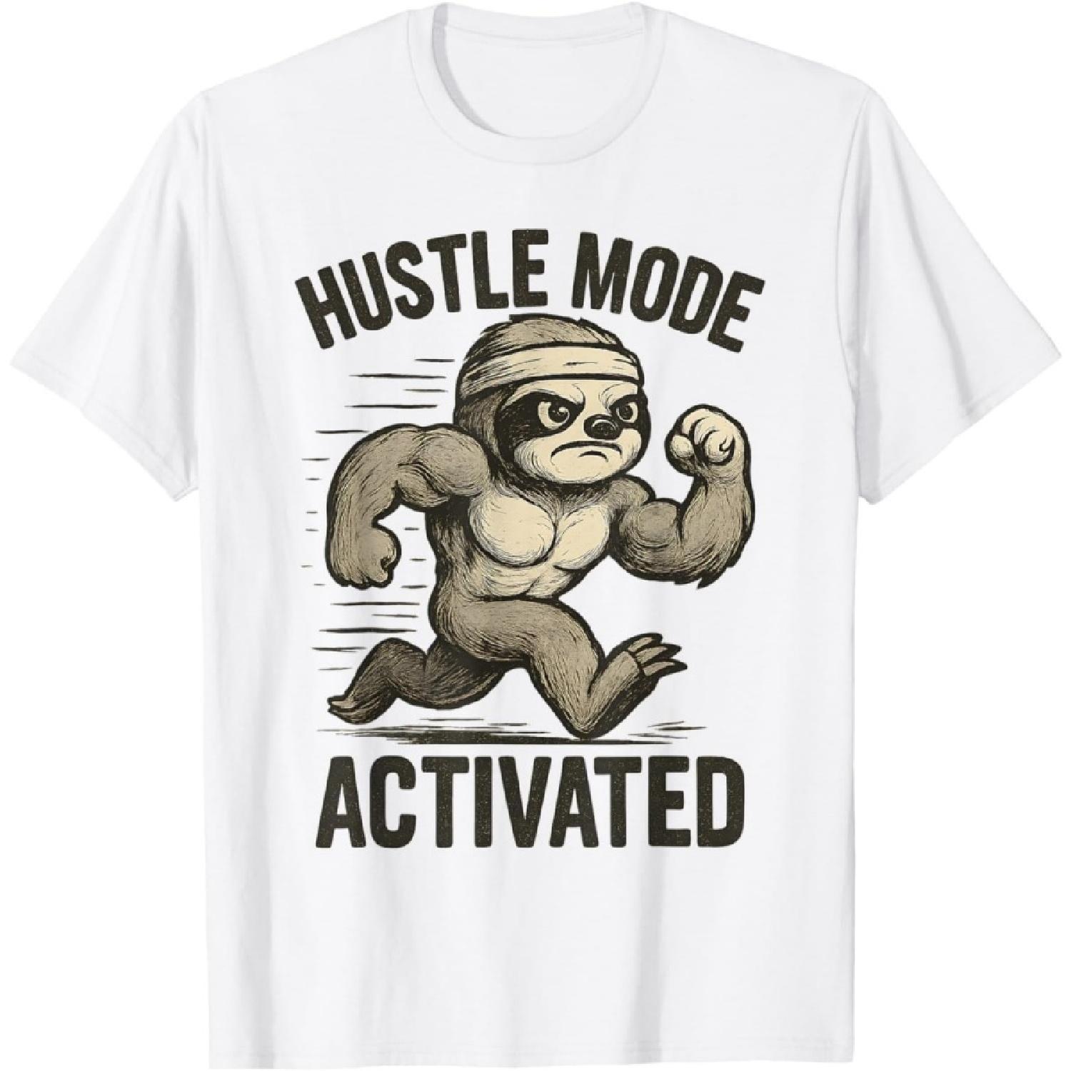 SykForn Funny Sarcastic Running Sloth Hustle Mode Activated Gym Meme T-Shirt S
