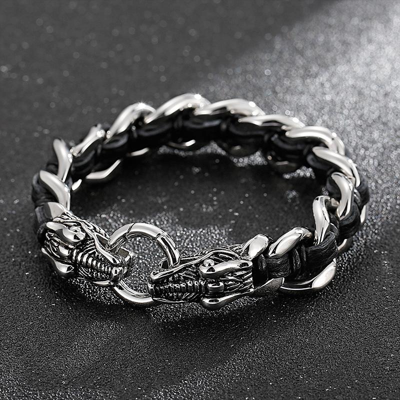 KALEN Fashion Mens Fashion Punk Stainless Steel Leather Dragon/Wolf Link Chain Bracelet 22 CM&Punk