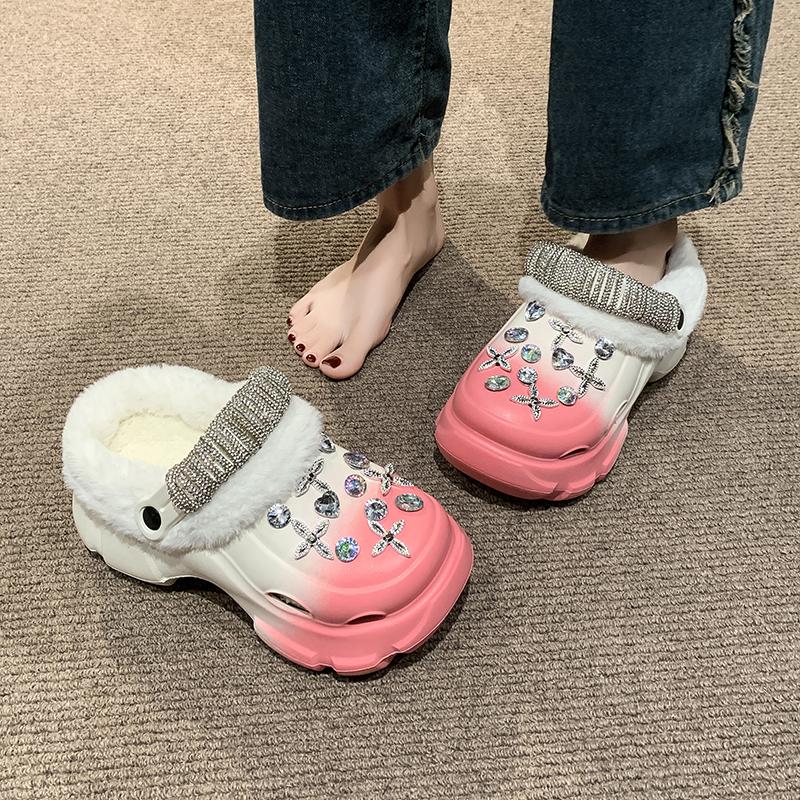 fashion 2024 New Autumn and Winter Women's Casual and Comfortable Solid Color Plush Rhinestone Metal Decorative Cotton Slippers