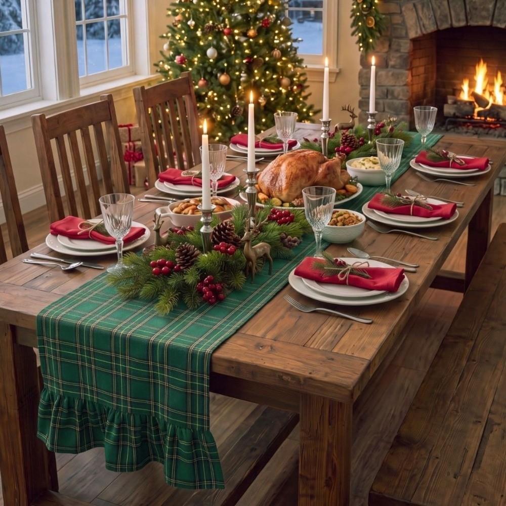 Chemin de table de Noël lavable Bord feuille de lotus double face Chemin de table à volants Table à manger