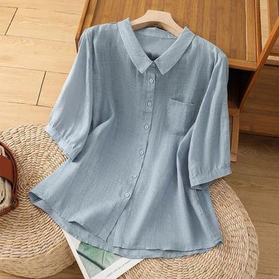 Casual Cotton Linen Irt Women Summer Loose Fit Versatile  Color Agel Five Sve Flip Collar Top