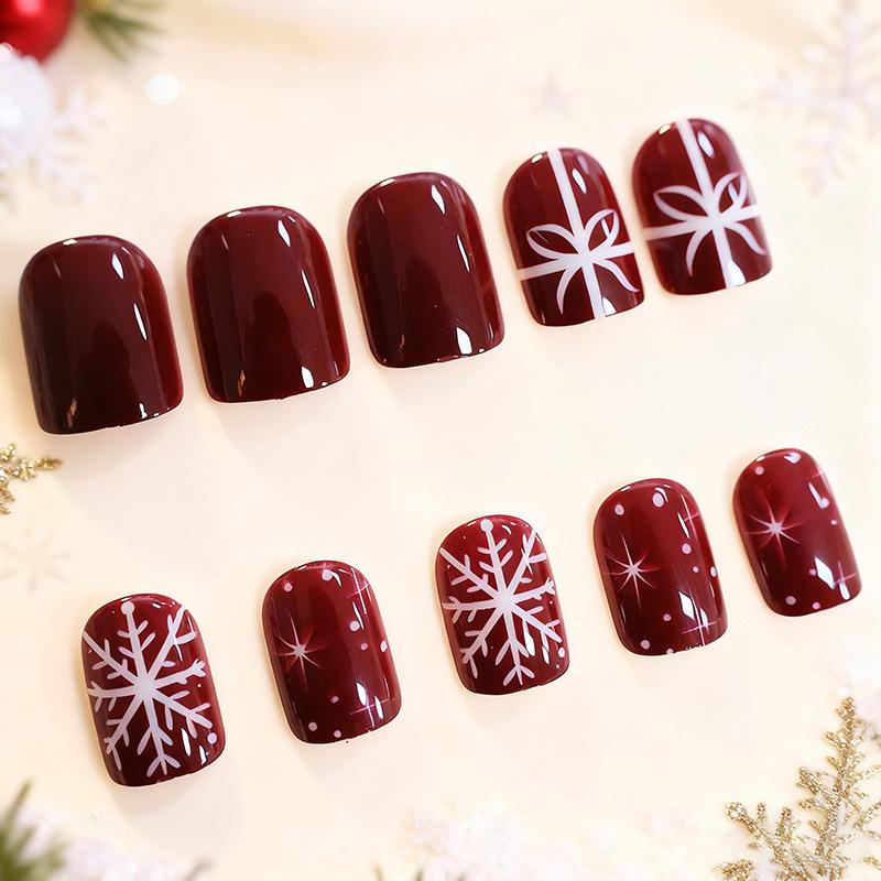 Weihnachten Neue Maniküre Tragen Einfach Rot Schneeflocke Schleife Kurz Quadratisch Tragen Rüstung