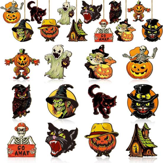 Halloween Wood Ornament For Tree Vintage Hanging Decoration Pumpkin Witch Black Cat