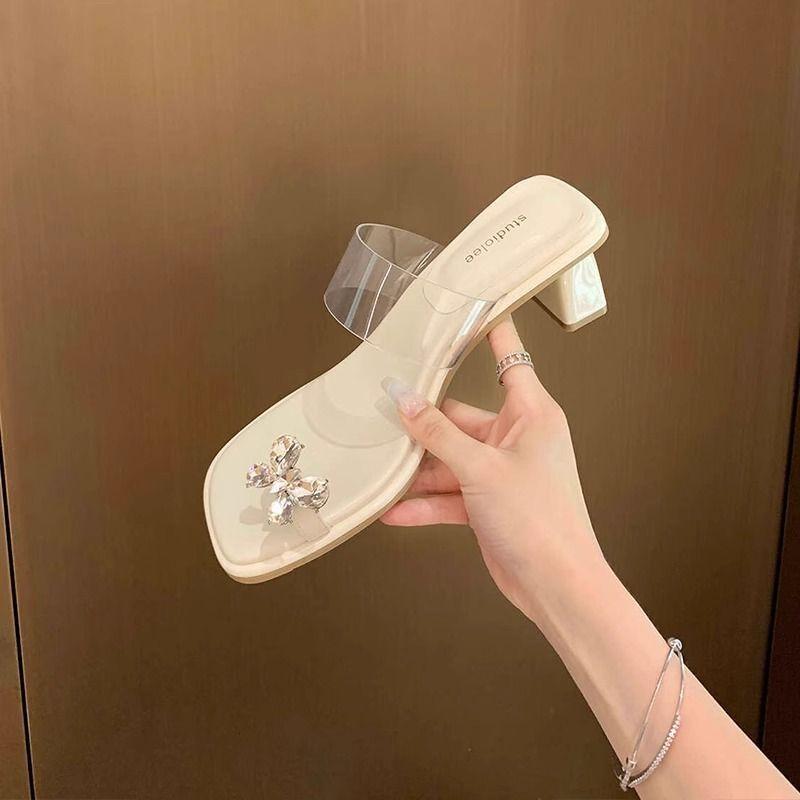 Premium Sense One-word Drag with Skirt French Beautiful Butterfly Rhinestone Cool Slippers Women's Summer Wear 2025 Summer New