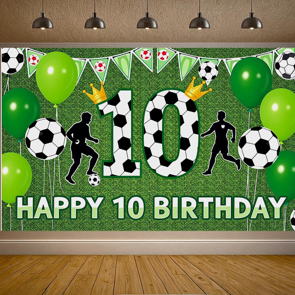 Soccer Themed Happy 10th Birthday Banner Sports Style Birthday Party Decoration Backdrop Photo Background for Celebration Events