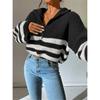Loose Sweater Women Long Flare Sleeve Striped Zipper Stand Collar Knit Autumn Winter Thicken Warm Pullover