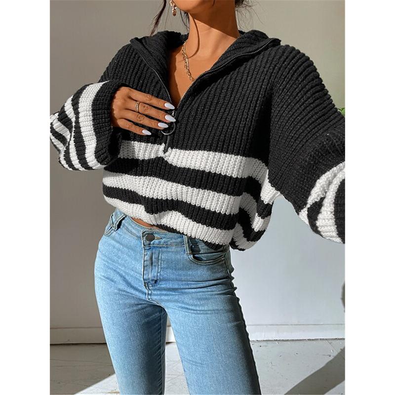 Loose Sweater Women Long Flare Sleeve Striped Zipper Stand Collar Knit Autumn Winter Thicken Warm Pullover