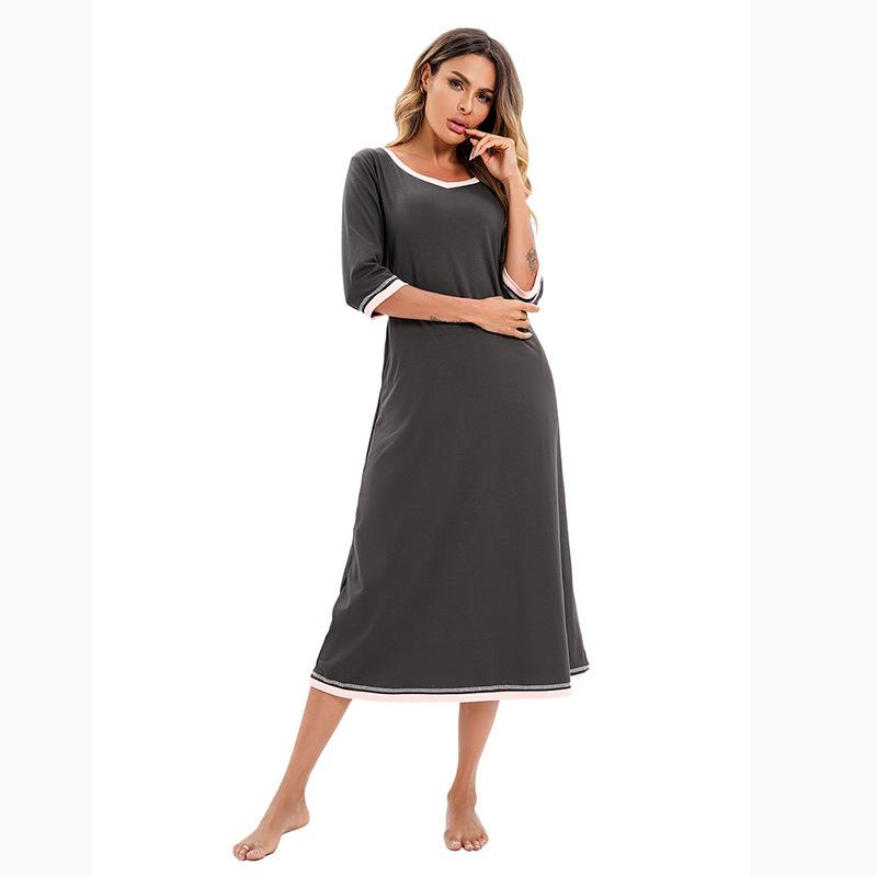 Summer Women V-neck Elastic Solid Color Nightdress Loose Soft and Comfortable Breathable Loungewear T-shirt Long Skirt