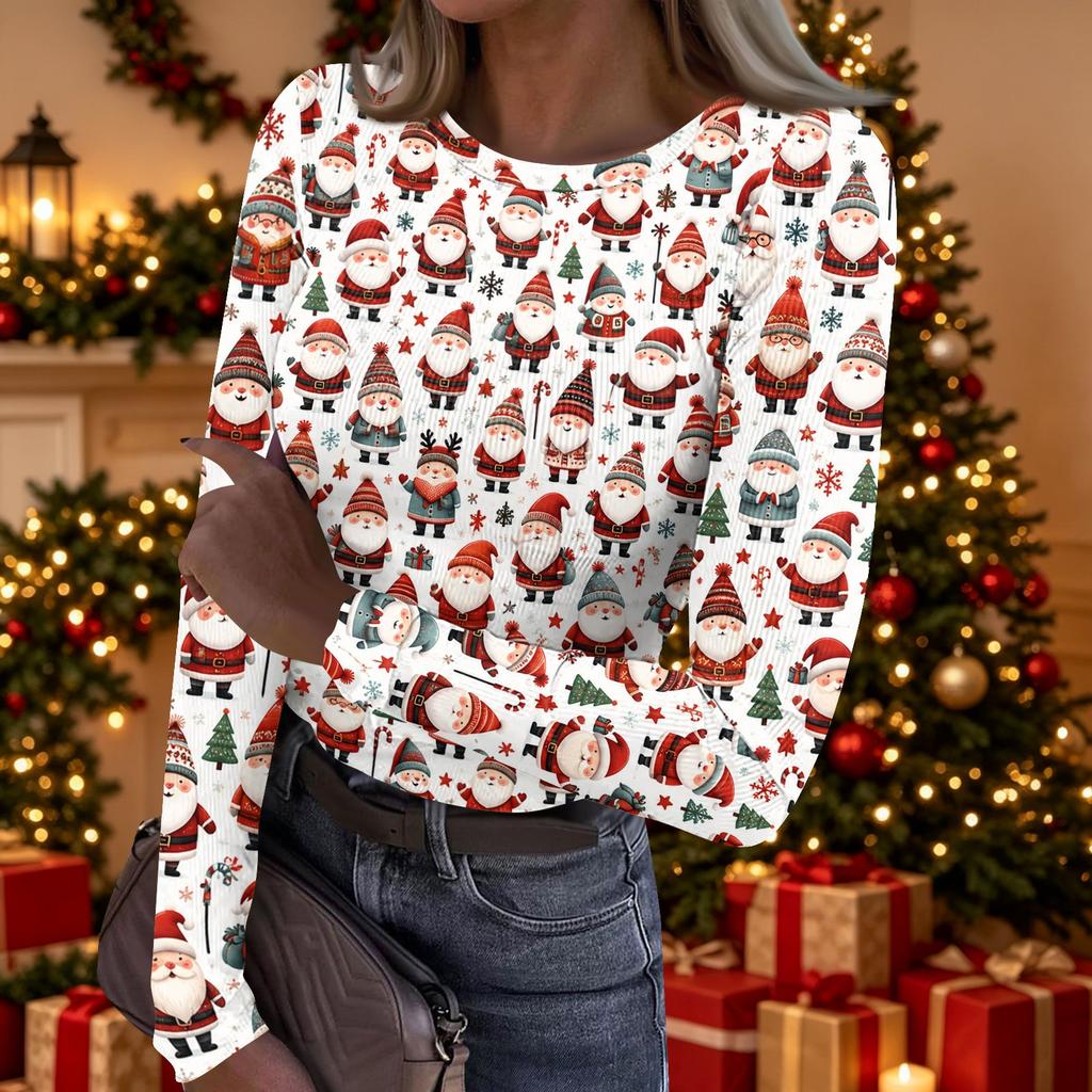 Women's Casual Christmas Print Long Sleeve Top for Holiday Party and Everyday Wear