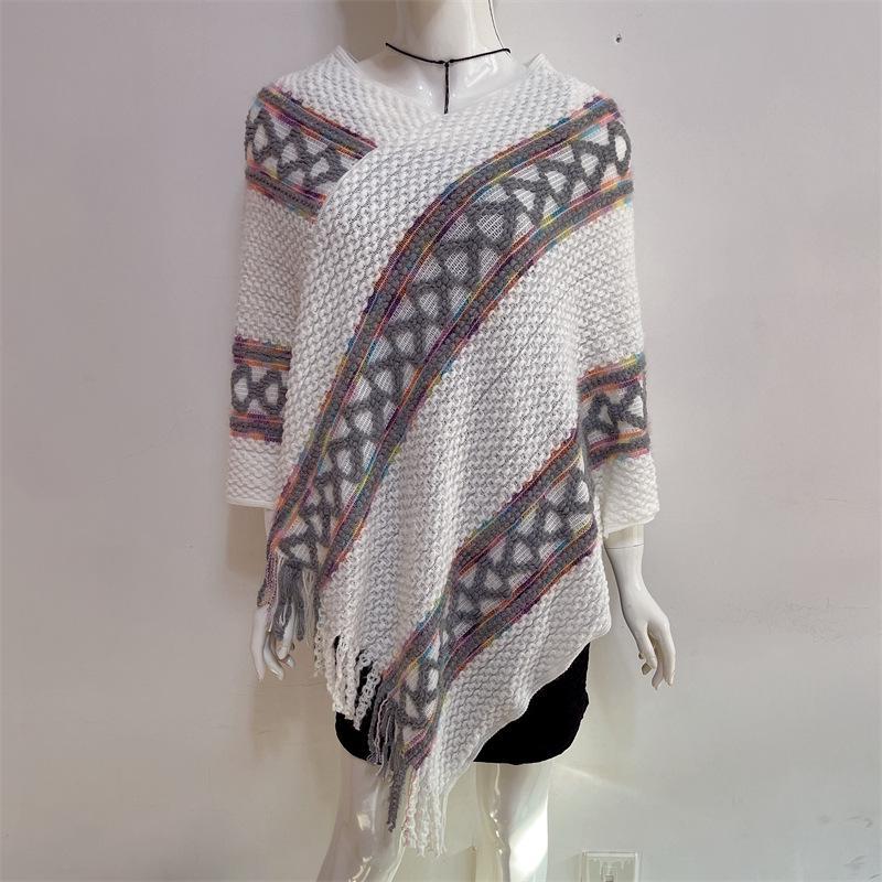 2022 Autumn/Winter Women's V-Neck Rainbow Tassel Cape Sweater