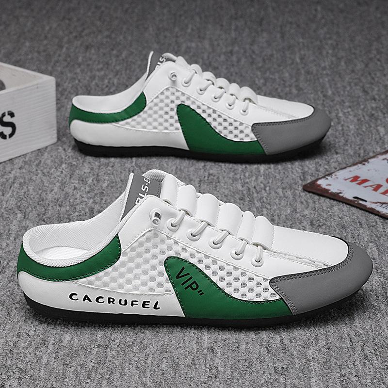 Baotou half-tray shoes men's new mesh breathable one-pedal lazy shoes flat-bottom hollow mesh shoes casual board shoes trendy shoes