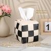 Checkered Tissue Box Cover Square, PU Leather Table Tissue Box Holder Boho Black and Beige Decorative Organizer with Metal Buckle for Vanity