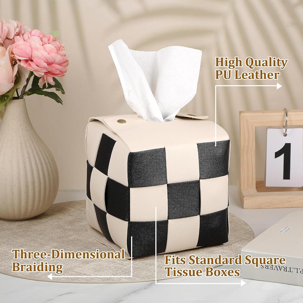 Checkered Tissue Box Cover Square, PU Leather Table Tissue Box Holder Boho Black and Beige Decorative Organizer with Metal Buckle for Vanity
