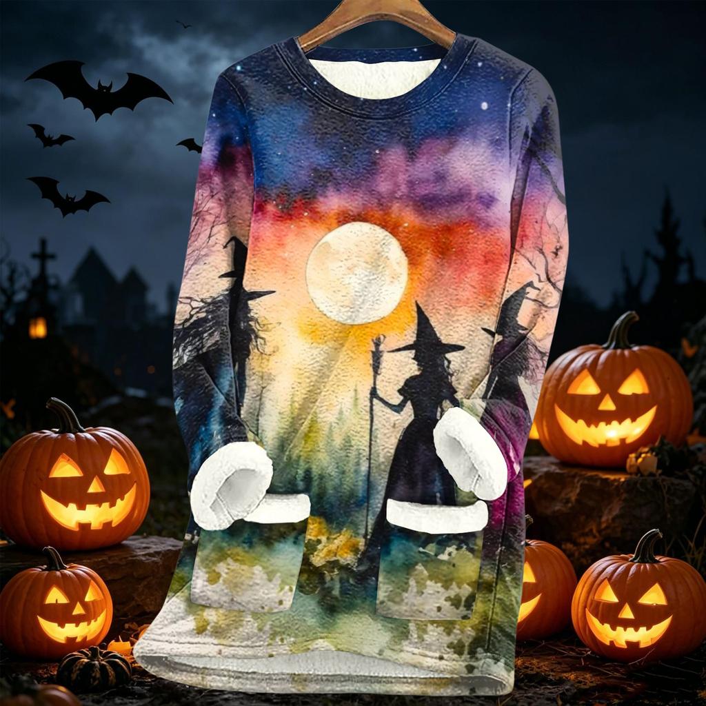 Women's Halloween Print Thick -Lined Lambswool Long Tunic Top for Fall and Winter