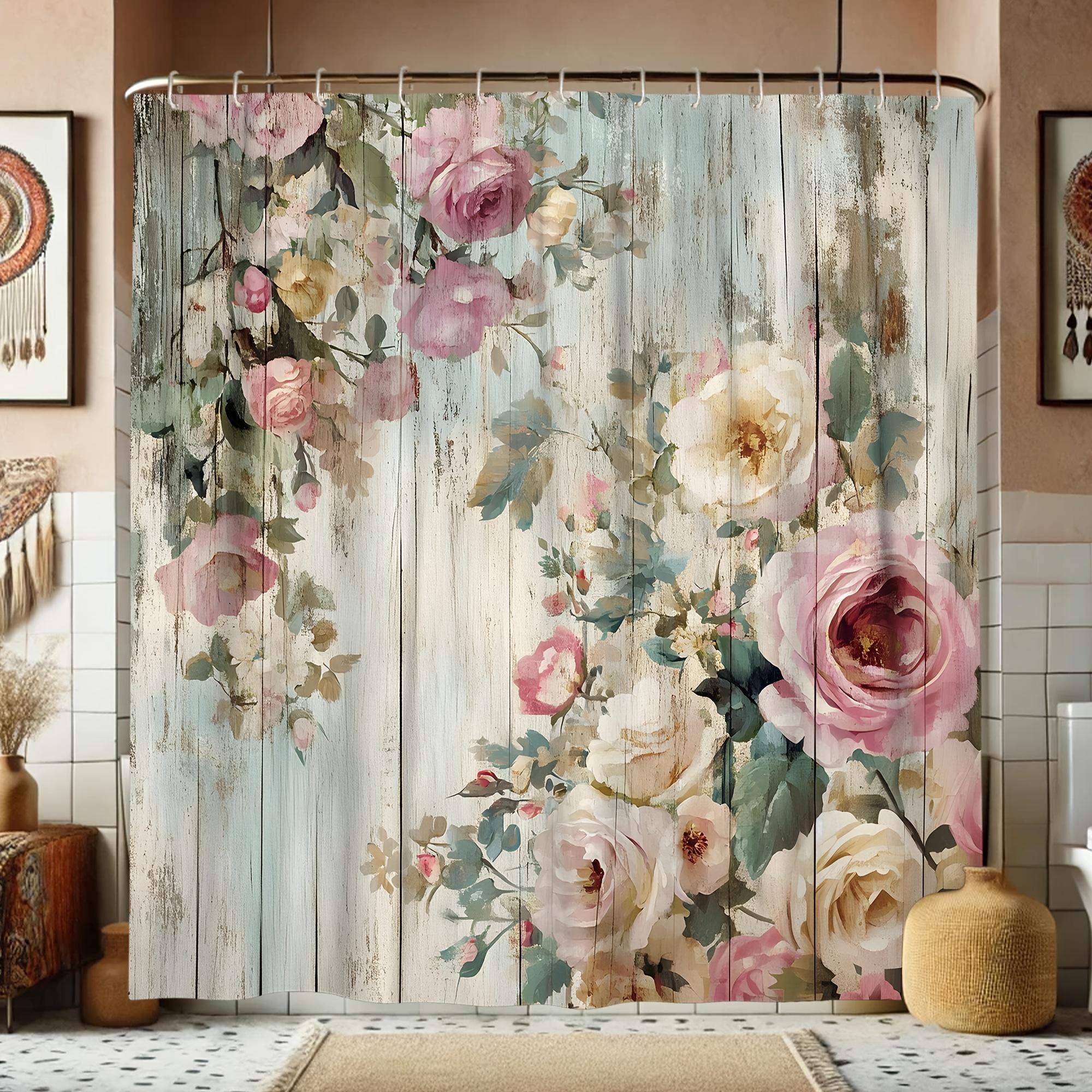 

1Pc Shower Curtain - Vintage Roses On Rustic Wood Background Design For A Charming Bathroom Waterproof W60H190(CM)-1 Pcs