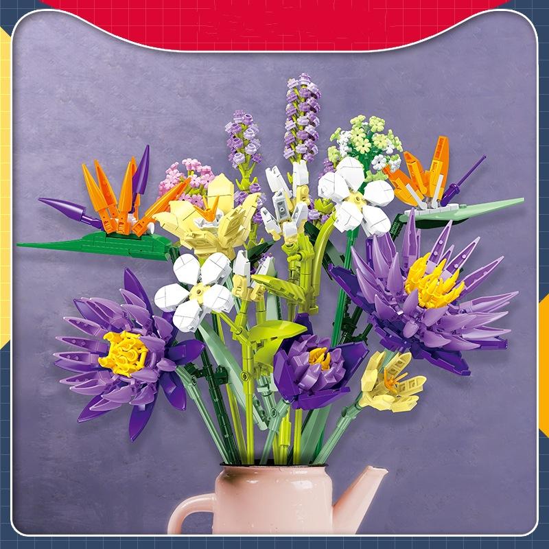 Creative 891Pcs Romantic Blue Lotus Flower Bouquet Building Blocks Lavender Eternal Flower MOC Bricks Toys Girls Valentine Gift