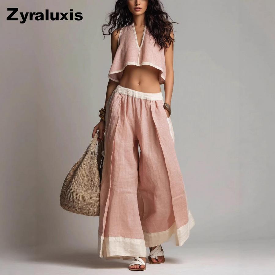 Women s Summer Fashion Casual Chic Solid Color Sleeveless V-Neck Set XS розовый