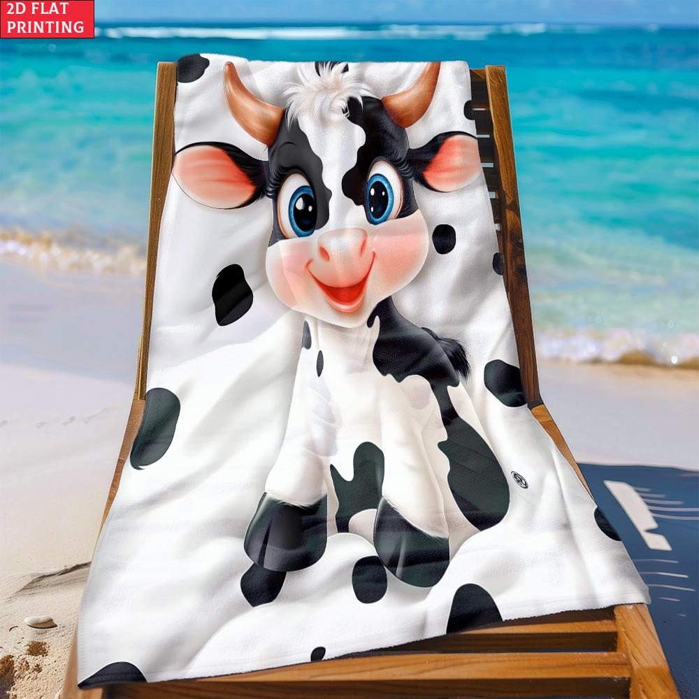 2D Flat Spotted Cow Cartoon Beach Towel, Soft High Absorbent Microfiber, Lightweight for Beach Travel Camping Party