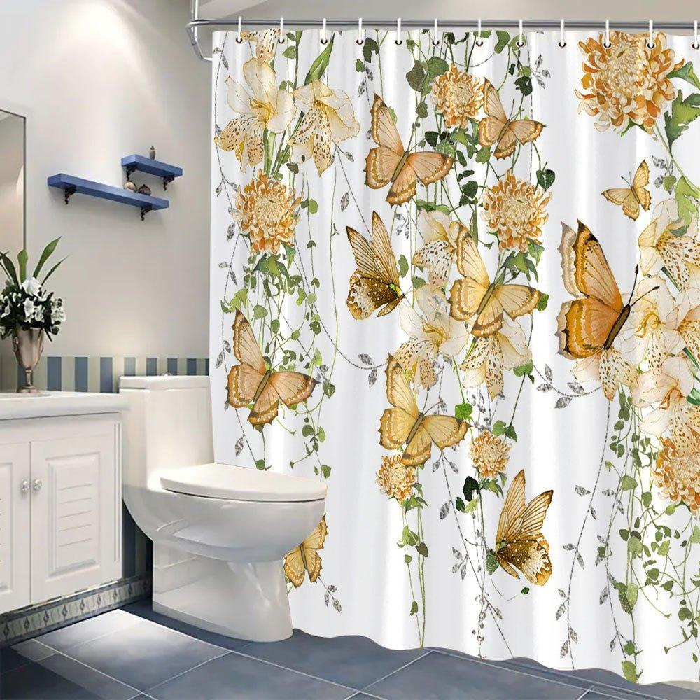 1 Yellow Butterfly and Light Yellow Flower Shower Curtain - with Green Vines, Polyester Fabric, with Hooks, Machine Washable