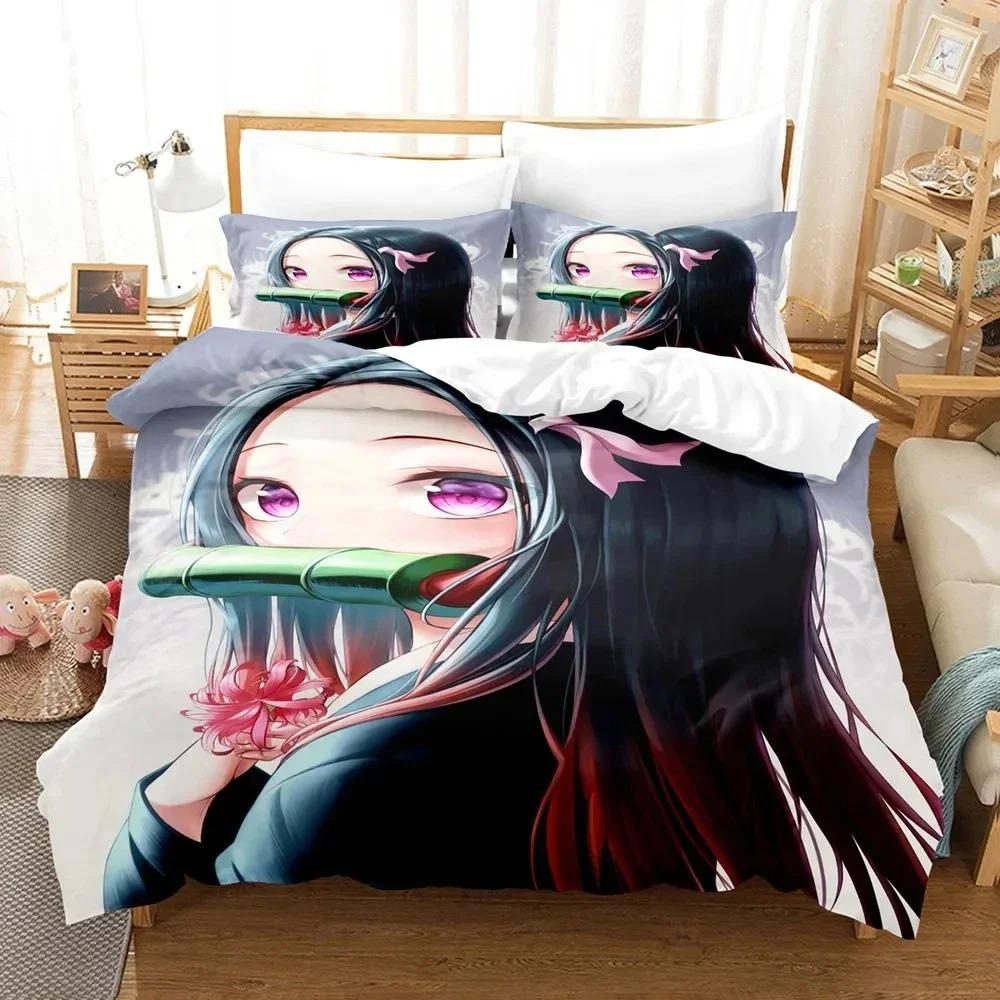 Anime Demon Slayer Nezuko Sängkläder Set Påslakan Sängset Täcke Örngott Täcke king Queen Size Pojkar Vuxen