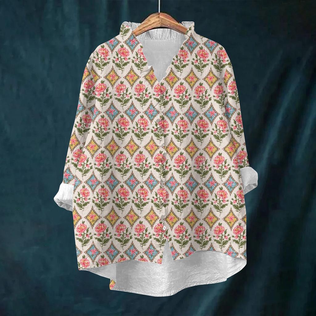Women's Loose Ruffled Retro Floral Print Stand Collar Long Sleeve Cotton And Linen Top