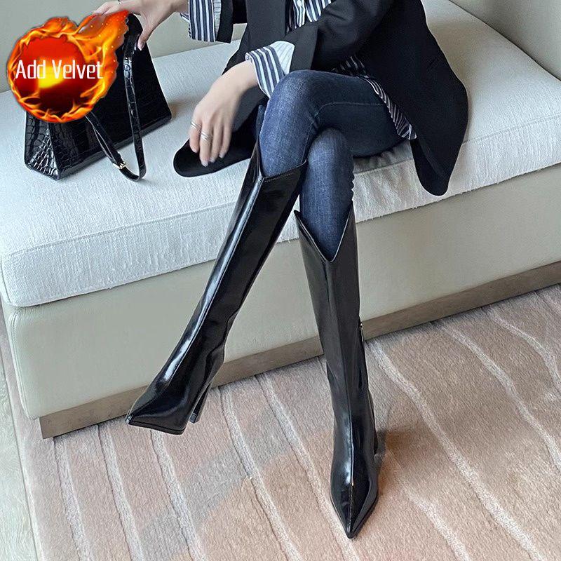 Fashion Pointed Toe Leather Elegant Heeled Ladies Knee High Shaft Shoes Autumn Winter Fleece-Lined Chic New in Pu Hot Women's Long Boots