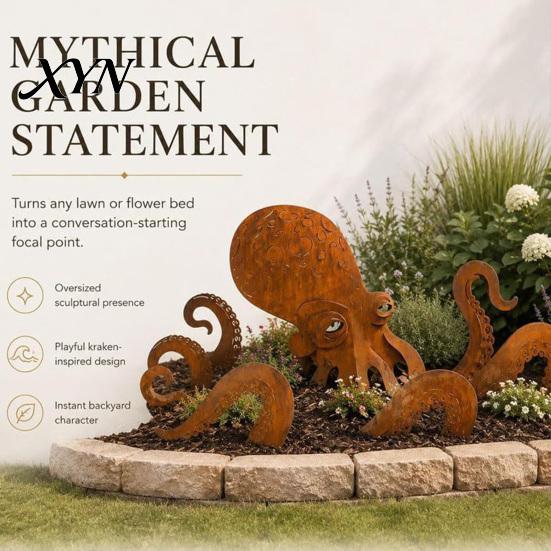 Octopus Garden Ornament Rust Patina Giant Squid Sculpture, 3D Metal Nautical Outdoor Pond Edge Decoration Statue for Patio Lawn Beach House