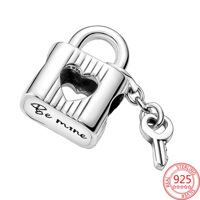 New 925 Sterling Silver Gold Padlock & Key Dangle Charm Fit  Original  Silver Bracelet Beads for Women Fine Jewelry Gift