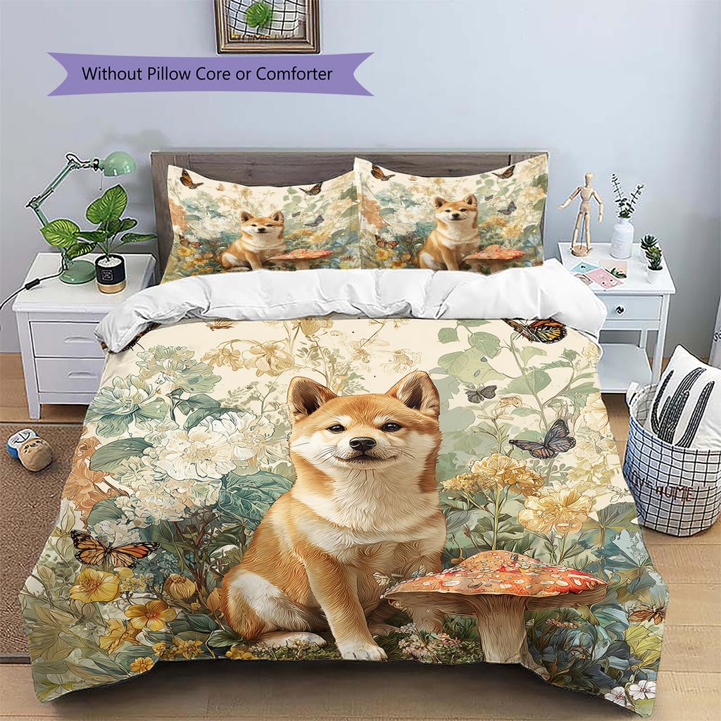Shiba Inu and Fresh Flowers Pattern Bedding Home Decoration Birthday Gift (1 * duvet cover + 2 * pillowcase, without core)