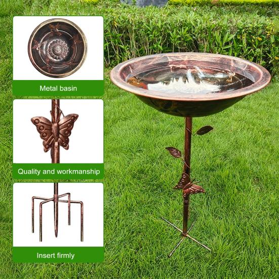 Metal Retro Bird Bath Feeder Bowl with 5-Prong Stake Detachable Decorative Birdbath Garden Water Feeder for Patio Yard Decor