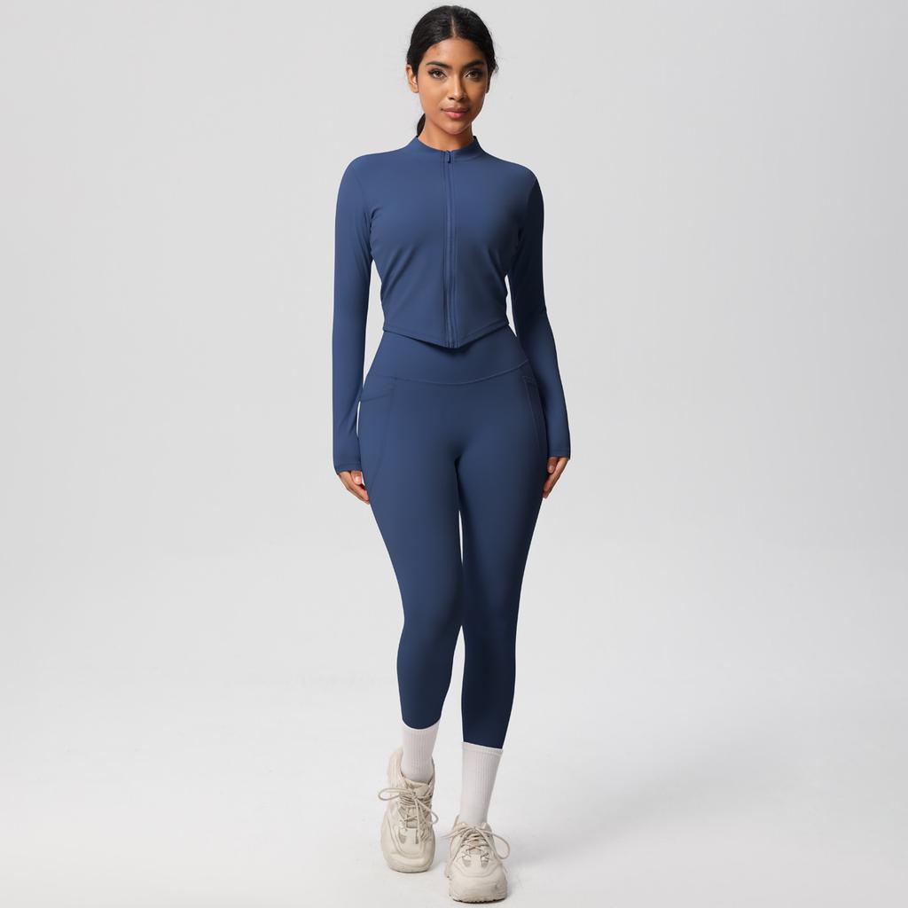 Naked Tight Zipper Jacket Yoga Suit Set, High Waist Pocket Quick Drying Exercise Running Fitness Two-Piece Set For Women