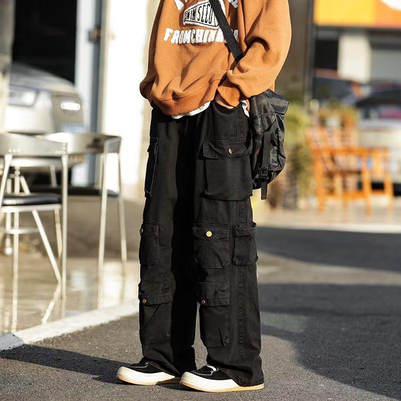 High Street trendy brand casual trousers men's autumn new cotton loose straight wide-leg trousers multi-pocket overalls
